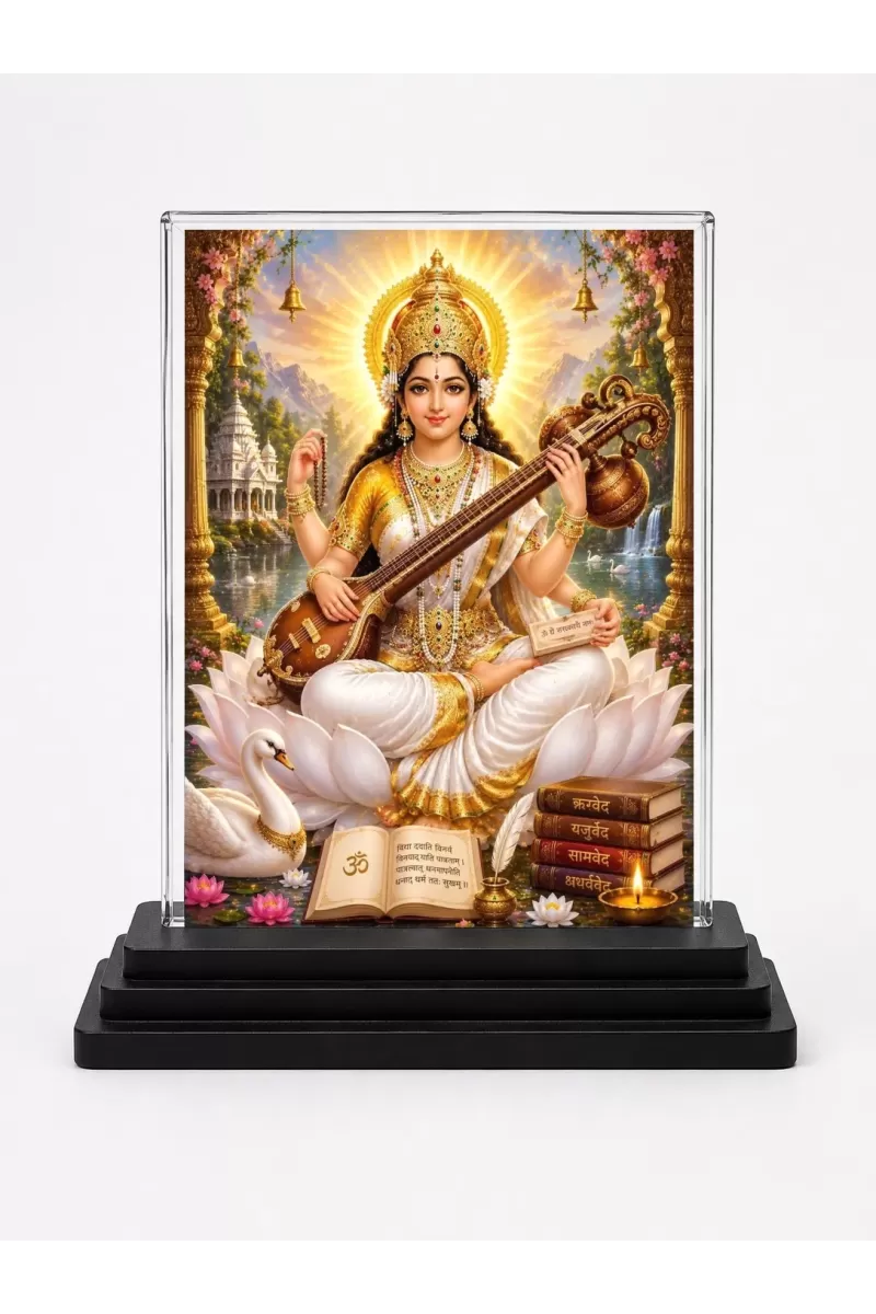 Saraswati Acrylic Car Dashboard Showpiece | Double-Sided Saraswati Photo Stand | 3 X 4 Inch Photo | Transparent Acrylic Frame With Black Base | Car Dashboard, Office & Table Decor (F70536)