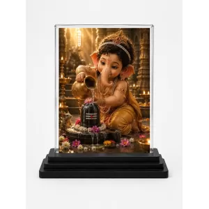 Lord Ganesha Acrylic Car Dashboard Showpiece | Double-Sided Lord Ganesha Photo Stand | 3 X 4 Inch Photo | Transparent Acrylic Frame With Black Base | Car Dashboard, Office & Table Decor (F70537)