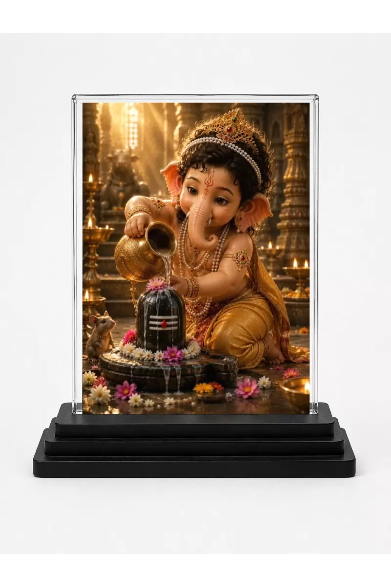 Lord Ganesha Acrylic Car Dashboard Showpiece | Double-Sided Lord Ganesha Photo Stand | 3 X 4 Inch Photo | Transparent Acrylic Frame With Black Base | Car Dashboard, Office & Table Decor (F70537)