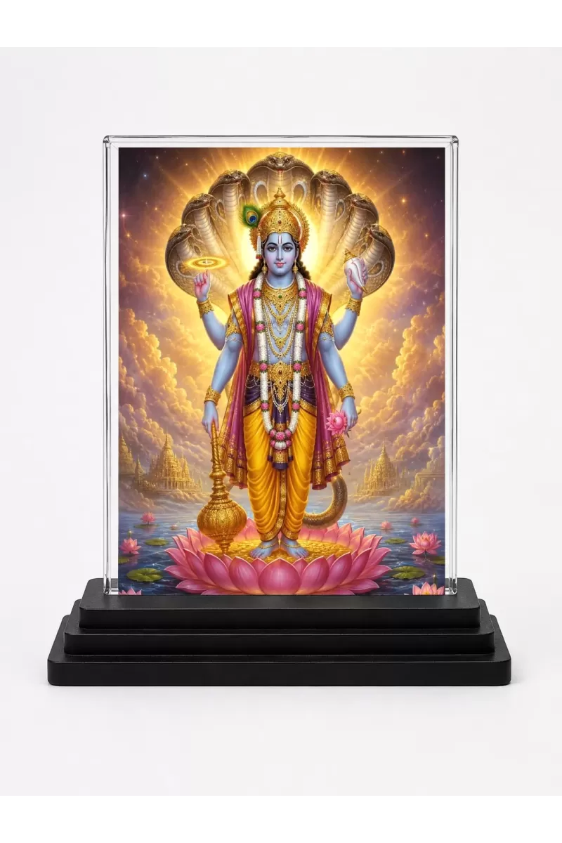 Lord Vishnu Acrylic Car Dashboard Showpiece | Double-Sided Lord Vishnu Photo Stand | 3 X 4 Inch Photo | Transparent Acrylic Frame With Black Base | Car Dashboard, Office & Table Decor (F70540)