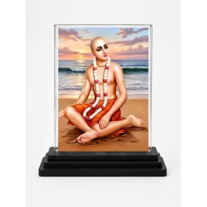 Chaitanya Mahaprabhu Acrylic Car Dashboard Showpiece | Double-Sided Chaitanya Mahaprabhu Photo Stand | 3 X 4 Inch Photo | Transparent Acrylic Frame With Black Base | Car Dashboard, Office & Table Decor (F70541)