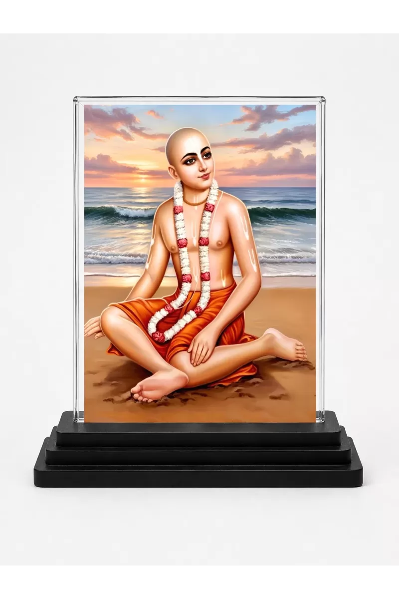 Chaitanya Mahaprabhu Acrylic Car Dashboard Showpiece | Double-Sided Chaitanya Mahaprabhu Photo Stand | 3 X 4 Inch Photo | Transparent Acrylic Frame With Black Base | Car Dashboard, Office & Table Decor (F70541)