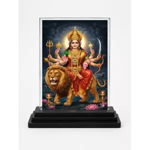 Durga Maa Acrylic Car Dashboard Showpiece | Double-Sided Durga Maa Photo Stand | 3 X 4 Inch Photo | Transparent Acrylic Frame With Black Base | Car Dashboard, Office & Table Decor (F70542)