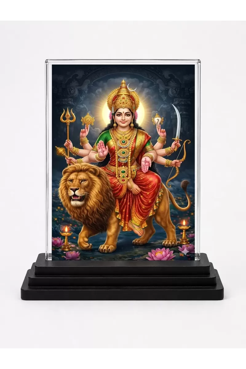 Durga Maa Acrylic Car Dashboard Showpiece | Double-Sided Durga Maa Photo Stand | 3 X 4 Inch Photo | Transparent Acrylic Frame With Black Base | Car Dashboard, Office & Table Decor (F70542)