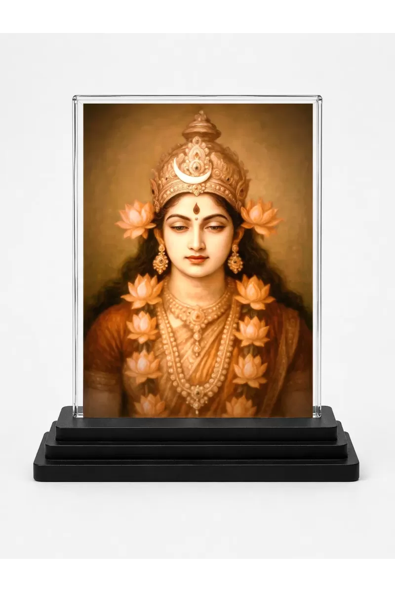Lakshmi Acrylic Car Dashboard Showpiece | Double-Sided Lakshmi Photo Stand | 3 X 4 Inch Photo | Transparent Acrylic Frame With Black Base | Car Dashboard, Office & Table Decor (F70544)