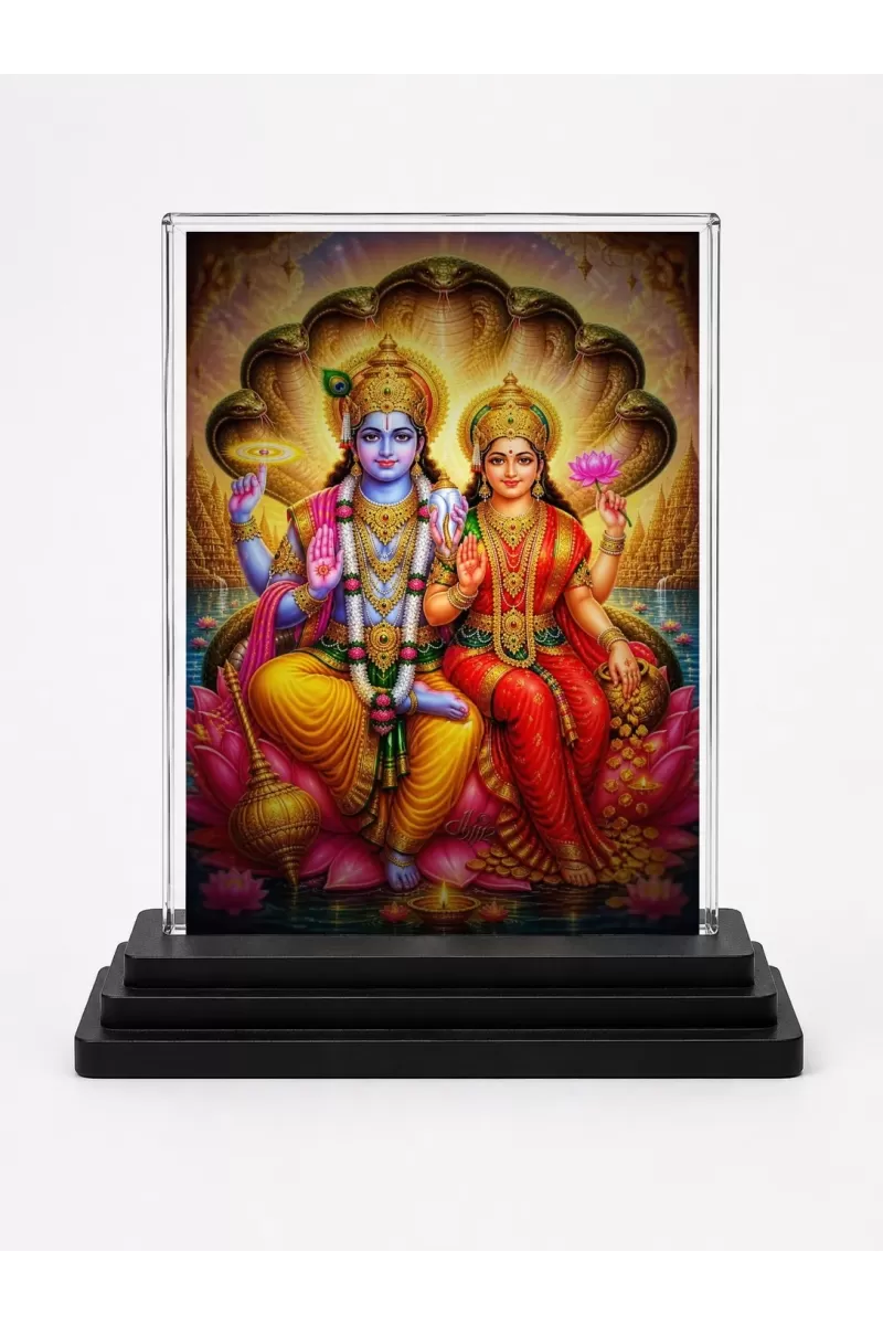 Lord Vishnu Acrylic Car Dashboard Showpiece | Double-Sided Lord Vishnu Photo Stand | 3 X 4 Inch Photo | Transparent Acrylic Frame With Black Base | Car Dashboard, Office & Table Decor (F70549)