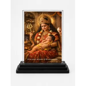 Durga Maa Acrylic Car Dashboard Showpiece | Double-Sided Durga Maa Photo Stand | 3 X 4 Inch Photo | Transparent Acrylic Frame With Black Base | Car Dashboard, Office & Table Decor (F70552)