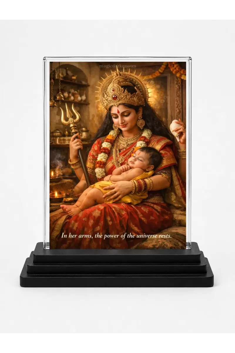 Durga Maa Acrylic Car Dashboard Showpiece | Double-Sided Durga Maa Photo Stand | 3 X 4 Inch Photo | Transparent Acrylic Frame With Black Base | Car Dashboard, Office & Table Decor (F70552)
