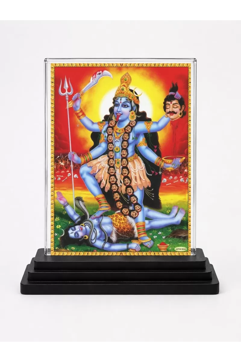 Maa Kali Acrylic Car Dashboard Showpiece | Double-Sided Maa Kali Photo Stand | 3 X 4 Inch Photo | Transparent Acrylic Frame With Black Base | Car Dashboard, Office & Table Decor (F70553)