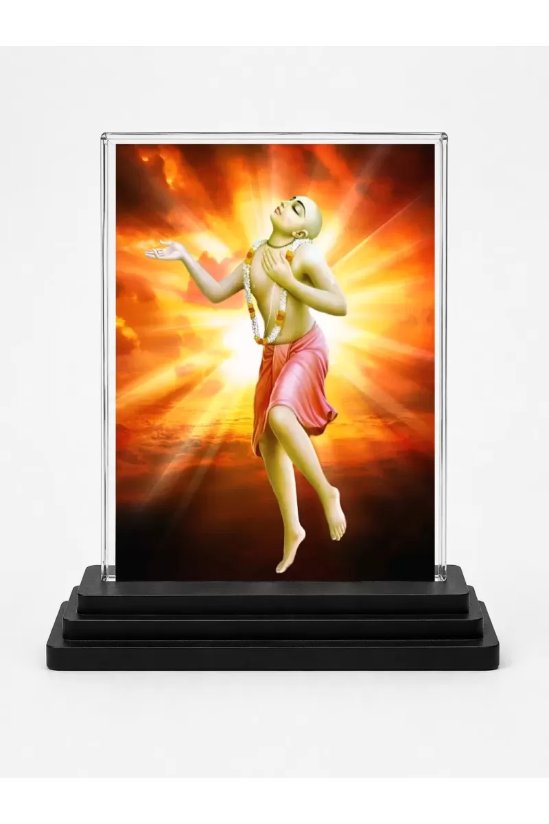 Chaitanya Mahaprabhu Acrylic Car Dashboard Showpiece | Double-Sided Chaitanya Mahaprabhu Photo Stand | 3 X 4 Inch Photo | Transparent Acrylic Frame With Black Base | Car Dashboard, Office & Table Decor (F70554)