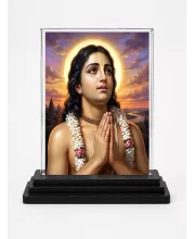 Chaitanya Mahaprabhu Acrylic Car Dashboard Showpiece | Double-Sided Chaitanya Mahaprabhu Photo Stand | 3 X 4 Inch Photo | Transparent Acrylic Frame With Black Base | Car Dashboard, Office & Table Decor (F70555)