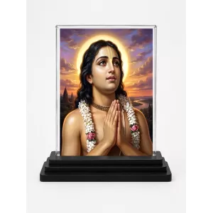 Chaitanya Mahaprabhu Acrylic Car Dashboard Showpiece | Double-Sided Chaitanya Mahaprabhu Photo Stand | 3 X 4 Inch Photo | Transparent Acrylic Frame With Black Base | Car Dashboard, Office & Table Decor (F70555)