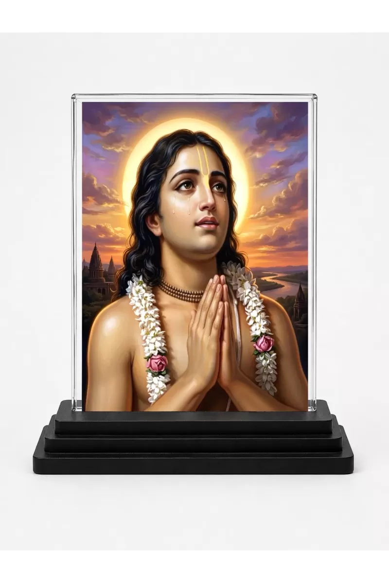 Chaitanya Mahaprabhu Acrylic Car Dashboard Showpiece | Double-Sided Chaitanya Mahaprabhu Photo Stand | 3 X 4 Inch Photo | Transparent Acrylic Frame With Black Base | Car Dashboard, Office & Table Decor (F70555)