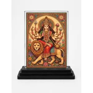 Durga Maa Acrylic Car Dashboard Showpiece | Double-Sided Durga Maa Photo Stand | 3 X 4 Inch Photo | Transparent Acrylic Frame With Black Base | Car Dashboard, Office & Table Decor (F70556)
