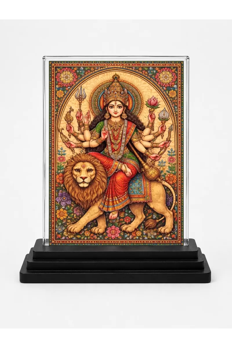 Durga Maa Acrylic Car Dashboard Showpiece | Double-Sided Durga Maa Photo Stand | 3 X 4 Inch Photo | Transparent Acrylic Frame With Black Base | Car Dashboard, Office & Table Decor (F70556)