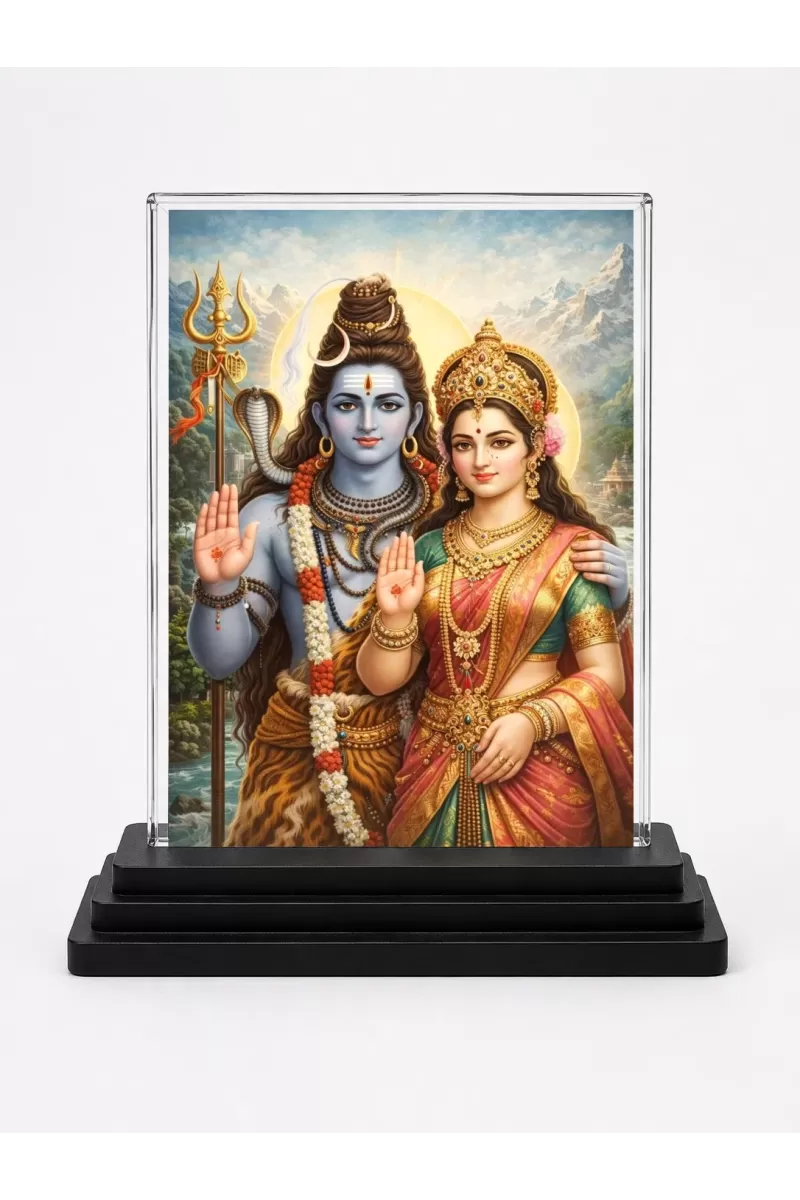 Hindu Goddess Acrylic Car Dashboard Showpiece | Double-Sided Hindu Goddess Photo Stand | 3 X 4 Inch Photo | Transparent Acrylic Frame With Black Base | Car Dashboard, Office & Table Decor (F70558)