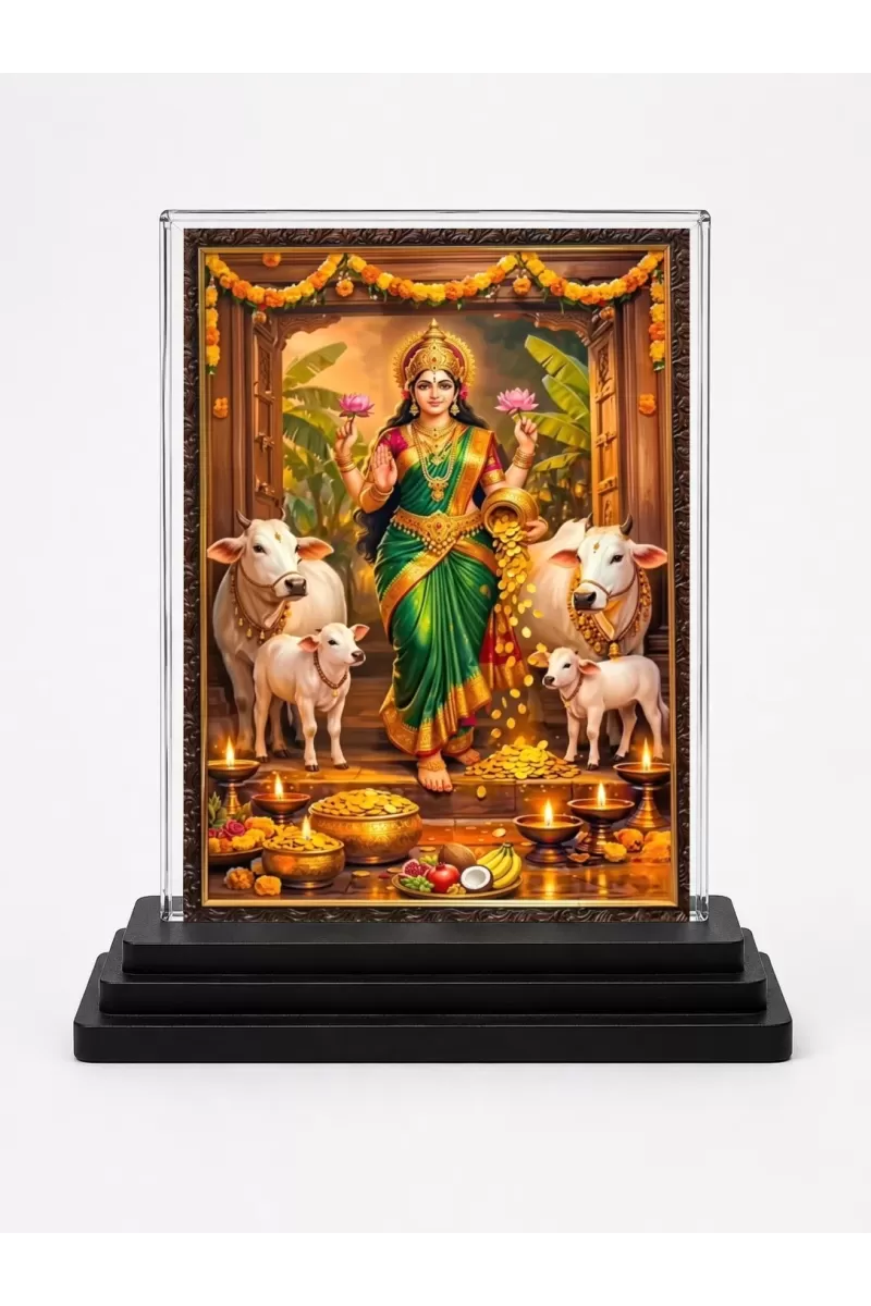 Hindu Goddess Acrylic Car Dashboard Showpiece | Double-Sided Hindu Goddess Photo Stand | 3 X 4 Inch Photo | Transparent Acrylic Frame With Black Base | Car Dashboard, Office & Table Decor (F70560)