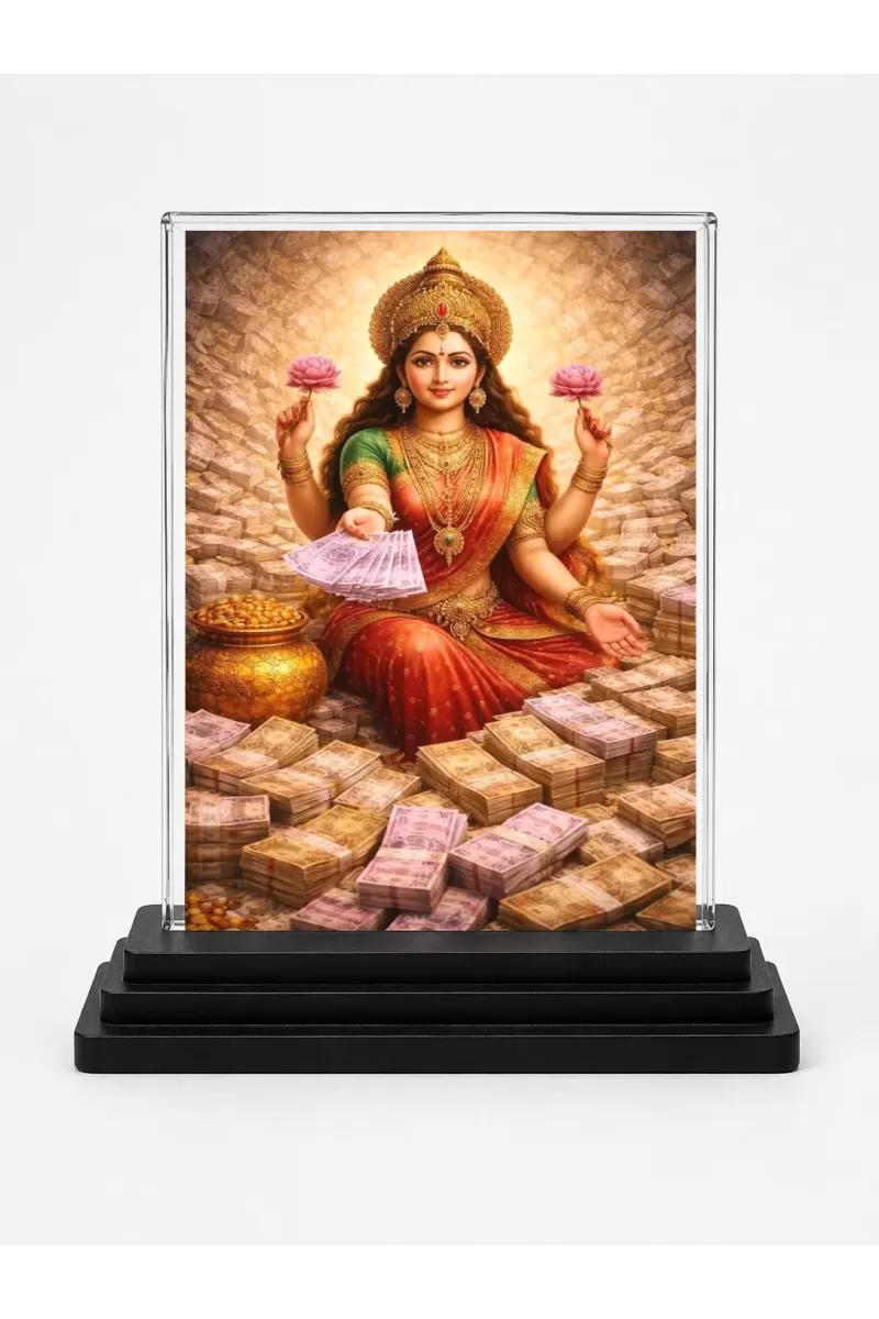 Lakshmi Acrylic Car Dashboard Showpiece | Double-Sided Lakshmi Photo Stand | 3 X 4 Inch Photo | Transparent Acrylic Frame With Black Base | Car Dashboard, Office & Table Decor (F70562)