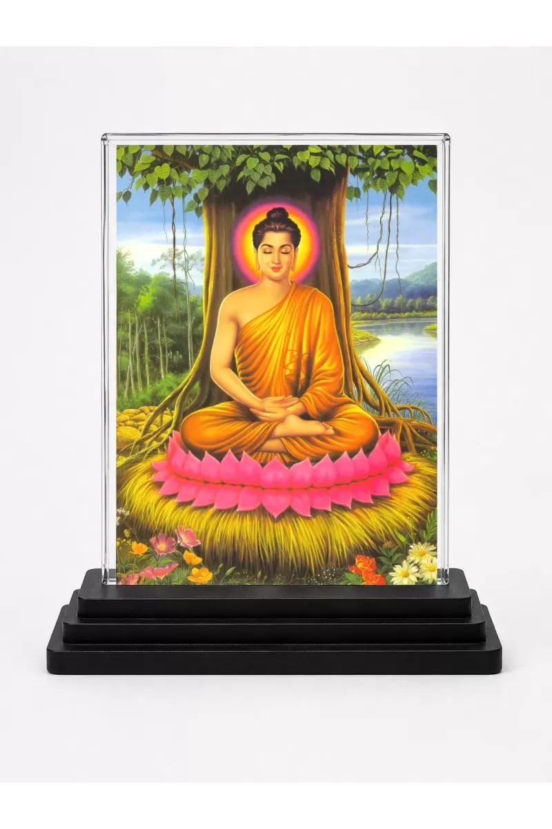 Gautama Buddha Acrylic Car Dashboard Showpiece | Double-Sided Gautama Buddha Photo Stand | 3 X 4 Inch Photo | Transparent Acrylic Frame With Black Base | Car Dashboard, Office & Table Decor (F70563)