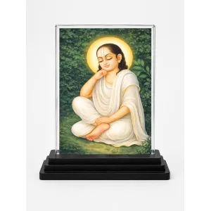 Chaitanya Mahaprabhu Acrylic Car Dashboard Showpiece | Double-Sided Chaitanya Mahaprabhu Photo Stand | 3 X 4 Inch Photo | Transparent Acrylic Frame With Black Base | Car Dashboard, Office & Table Decor (F70566)