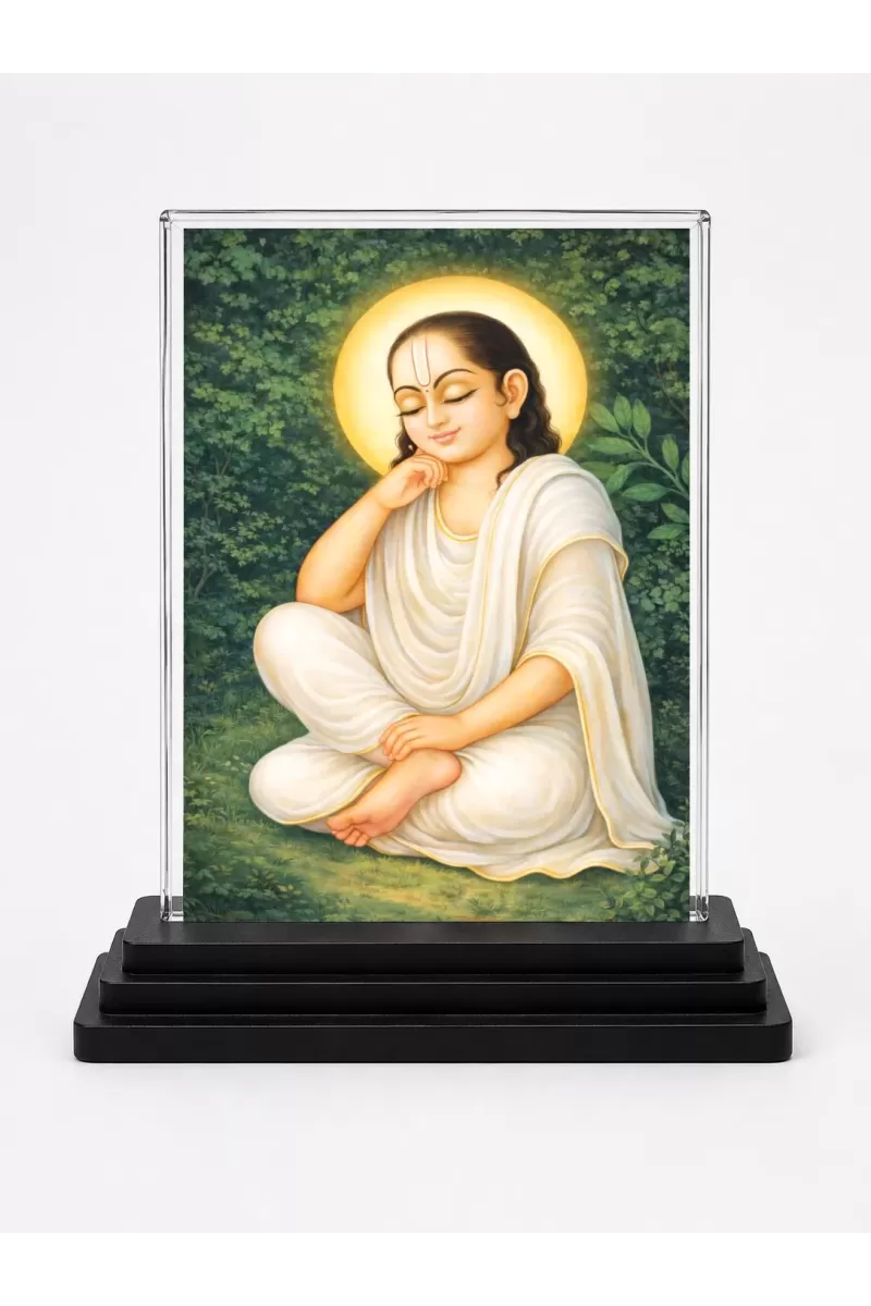 Chaitanya Mahaprabhu Acrylic Car Dashboard Showpiece | Double-Sided Chaitanya Mahaprabhu Photo Stand | 3 X 4 Inch Photo | Transparent Acrylic Frame With Black Base | Car Dashboard, Office & Table Decor (F70566)