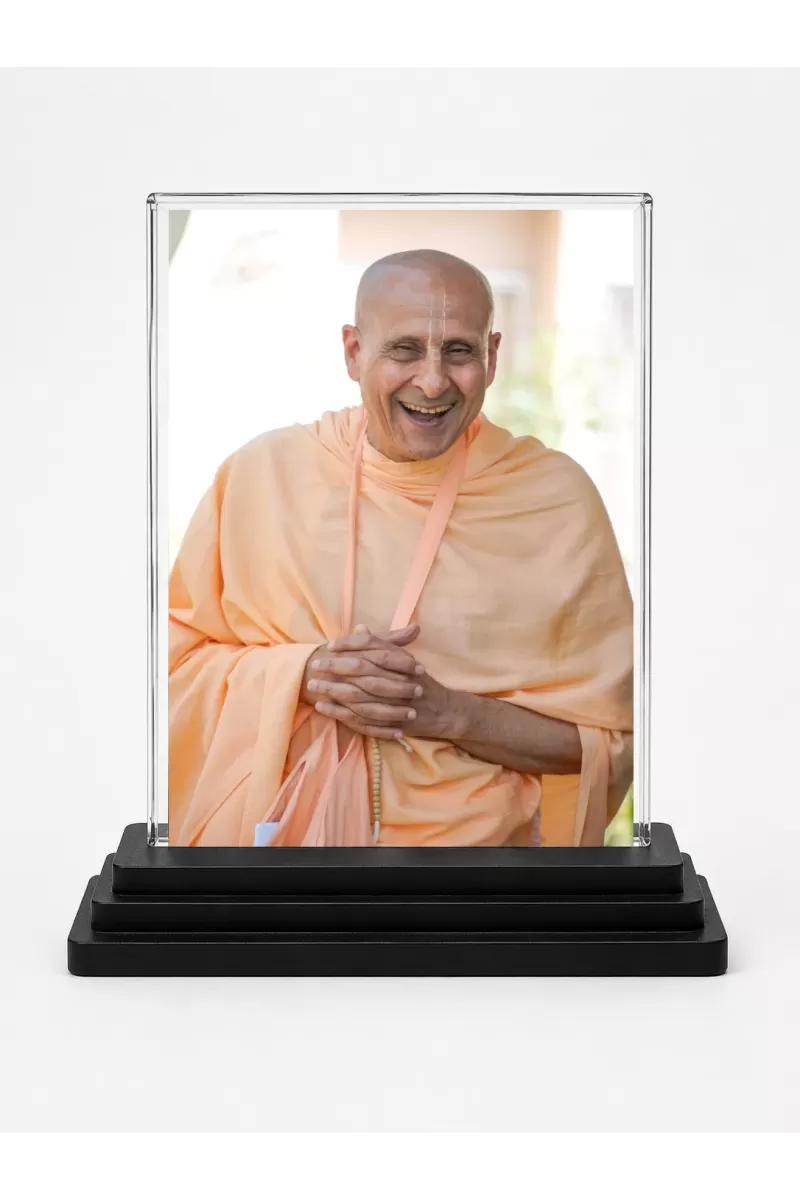 Radhanath Swami Acrylic Car Dashboard Showpiece | Double-Sided Radhanath Swami Photo Stand | 3 X 4 Inch Photo | Transparent Acrylic Frame With Black Base | Car Dashboard, Office & Table Decor (F70571)