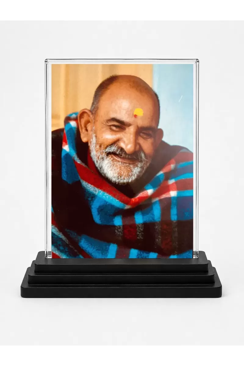 Neem Karoli Baba Acrylic Car Dashboard Showpiece | Double-Sided Neem Karoli Baba Photo Stand | 3 X 4 Inch Photo | Transparent Acrylic Frame With Black Base | Car Dashboard, Office & Table Decor (F70572)