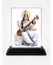 Saraswati Acrylic Car Dashboard Showpiece | Double-Sided Saraswati Photo Stand | 3 X 4 Inch Photo | Transparent Acrylic Frame With Black Base | Car Dashboard, Office & Table Decor (F70576)