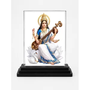 Saraswati Acrylic Car Dashboard Showpiece | Double-Sided Saraswati Photo Stand | 3 X 4 Inch Photo | Transparent Acrylic Frame With Black Base | Car Dashboard, Office & Table Decor (F70576)