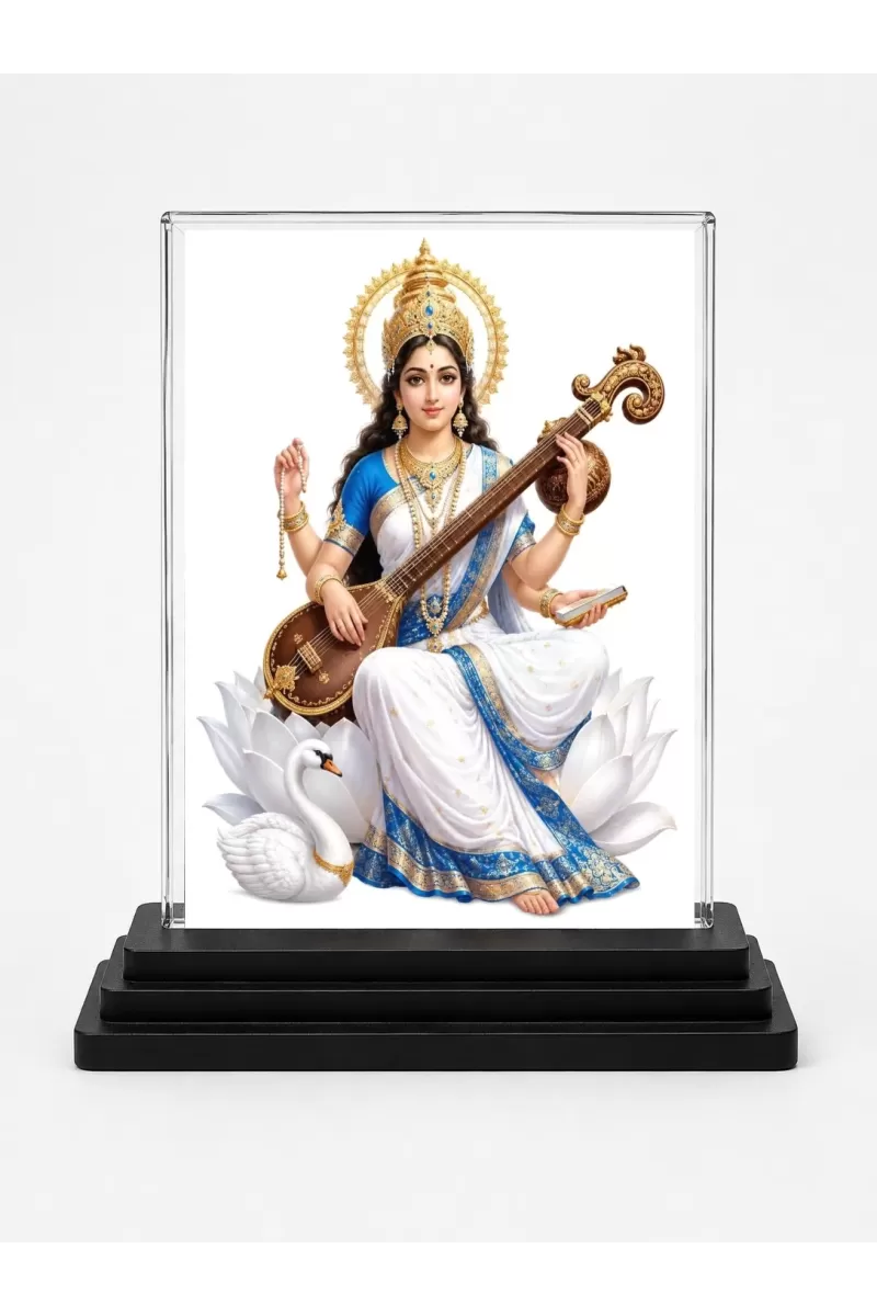 Saraswati Acrylic Car Dashboard Showpiece | Double-Sided Saraswati Photo Stand | 3 X 4 Inch Photo | Transparent Acrylic Frame With Black Base | Car Dashboard, Office & Table Decor (F70576)