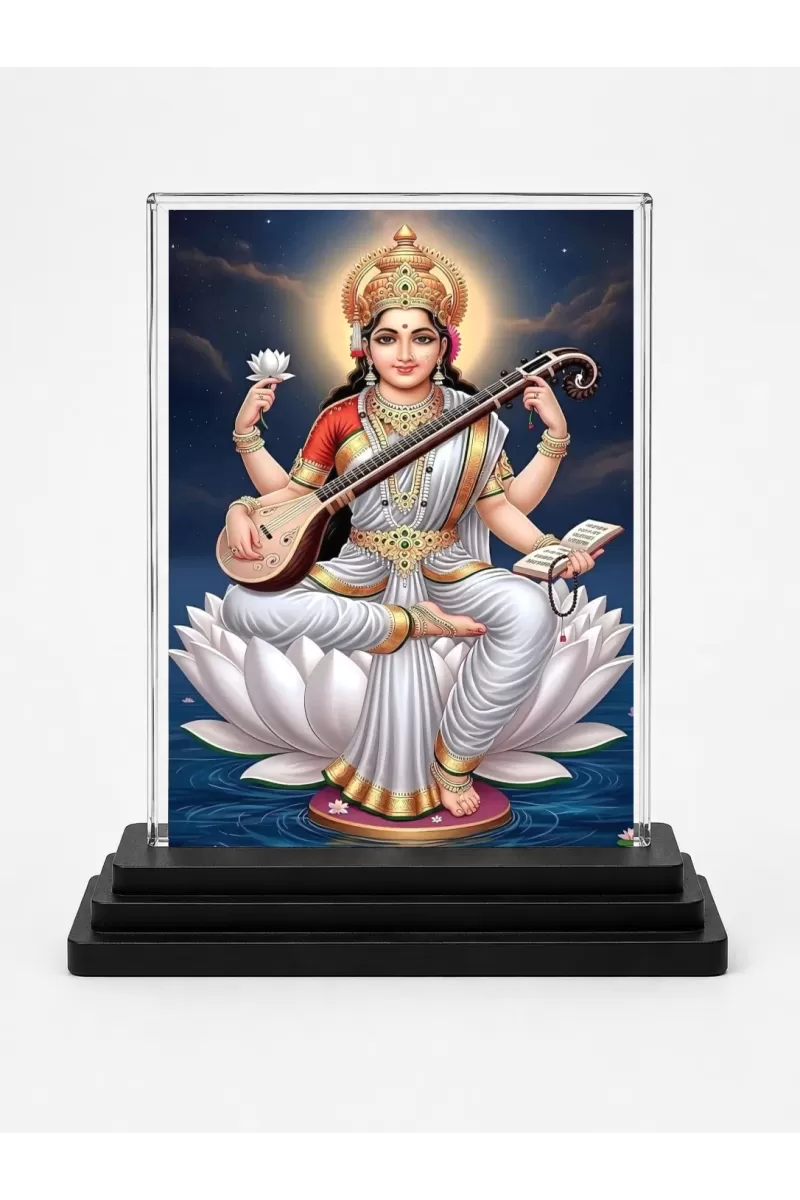 Durga Maa Acrylic Car Dashboard Showpiece | Double-Sided Durga Maa Photo Stand | 3 X 4 Inch Photo | Transparent Acrylic Frame With Black Base | Car Dashboard, Office & Table Decor (F70584)