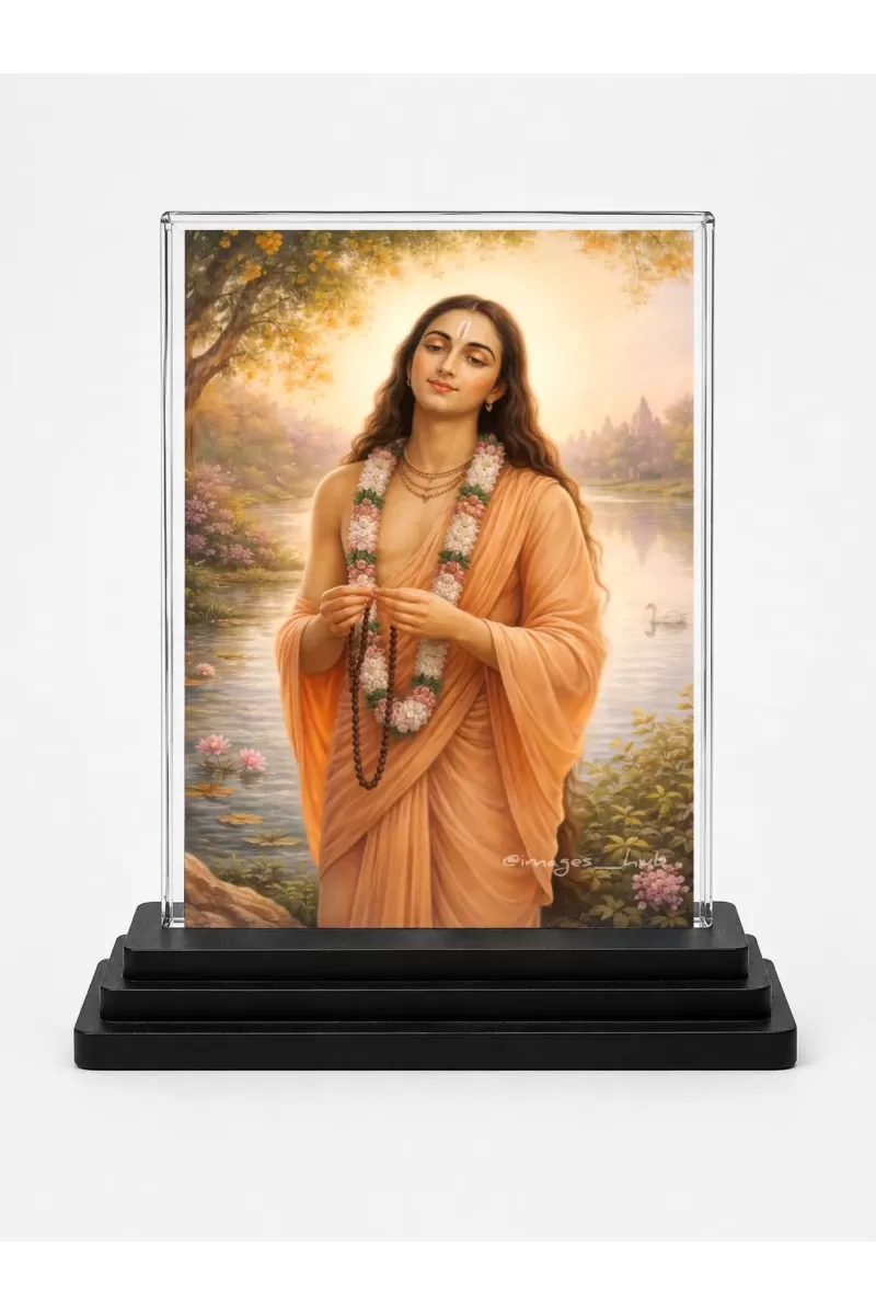 Sri Chaitannya Acrylic Car Dashboard Showpiece | Double-Sided Sri Chaitannya Photo Stand | 3 X 4 Inch Photo | Transparent Acrylic Frame With Black Base | Car Dashboard, Office & Table Decor (F70585)