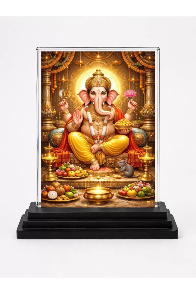 Lord Ganesha Acrylic Car Dashboard Showpiece | Double-Sided Lord Ganesha Photo Stand | 3 X 4 Inch Photo | Transparent Acrylic Frame With Black Base | Car Dashboard, Office & Table Decor (F70587)