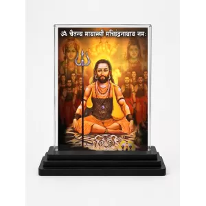 Matsyendranath Acrylic Car Dashboard Showpiece | Double-Sided Matsyendranath Photo Stand | 3 X 4 Inch Photo | Transparent Acrylic Frame With Black Base | Car Dashboard, Office & Table Decor (F70589)
