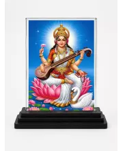Saraswati Acrylic Car Dashboard Showpiece | Double-Sided Saraswati Photo Stand | 3 X 4 Inch Photo | Transparent Acrylic Frame With Black Base | Car Dashboard, Office & Table Decor (F70593)
