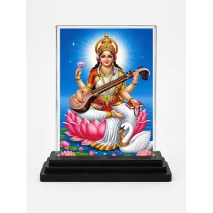 Saraswati Acrylic Car Dashboard Showpiece | Double-Sided Saraswati Photo Stand | 3 X 4 Inch Photo | Transparent Acrylic Frame With Black Base | Car Dashboard, Office & Table Decor (F70593)