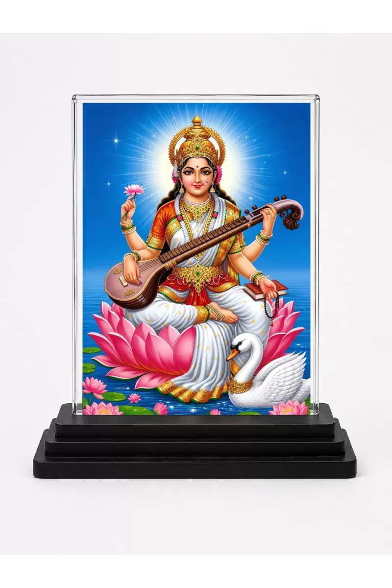 Saraswati Acrylic Car Dashboard Showpiece | Double-Sided Saraswati Photo Stand | 3 X 4 Inch Photo | Transparent Acrylic Frame With Black Base | Car Dashboard, Office & Table Decor (F70593)