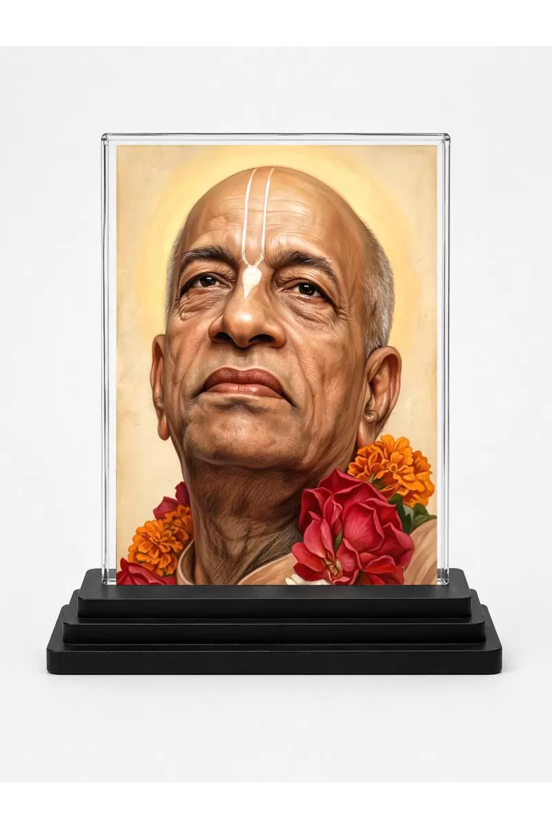 A.C. Bhaktivedanta Swami Prabhupada Acrylic Car Dashboard Showpiece | Double-Sided A.C. Bhaktivedanta Swami Prabhupada Photo Stand | 3 X 4 Inch Photo | Transparent Acrylic Frame With Black Base | Car Dashboard, Office & Table Decor (F70595)