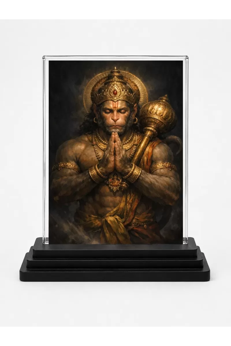 Hanuman Acrylic Car Dashboard Showpiece | Double-Sided Hanuman Photo Stand | 3 X 4 Inch Photo | Transparent Acrylic Frame With Black Base | Car Dashboard, Office & Table Decor (F70602)