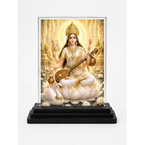 Saraswati Acrylic Car Dashboard Showpiece | Double-Sided Saraswati Photo Stand | 3 X 4 Inch Photo | Transparent Acrylic Frame With Black Base | Car Dashboard, Office & Table Decor (F70606)