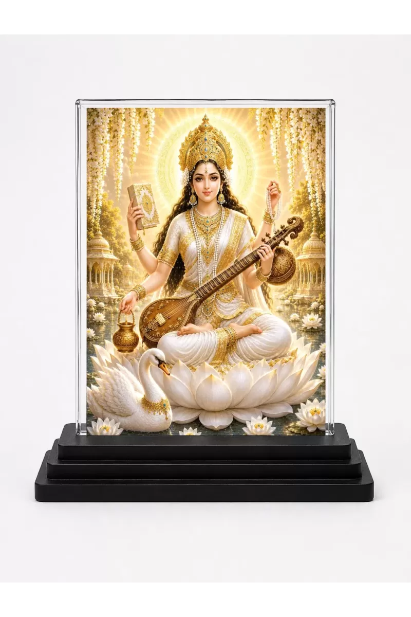 Saraswati Acrylic Car Dashboard Showpiece | Double-Sided Saraswati Photo Stand | 3 X 4 Inch Photo | Transparent Acrylic Frame With Black Base | Car Dashboard, Office & Table Decor (F70606)