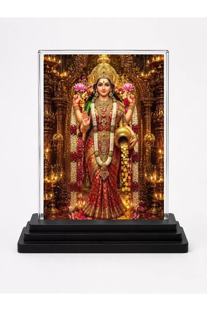 Lakshmi Acrylic Car Dashboard Showpiece | Double-Sided Lakshmi Photo Stand | 3 X 4 Inch Photo | Transparent Acrylic Frame With Black Base | Car Dashboard, Office & Table Decor (F70610)