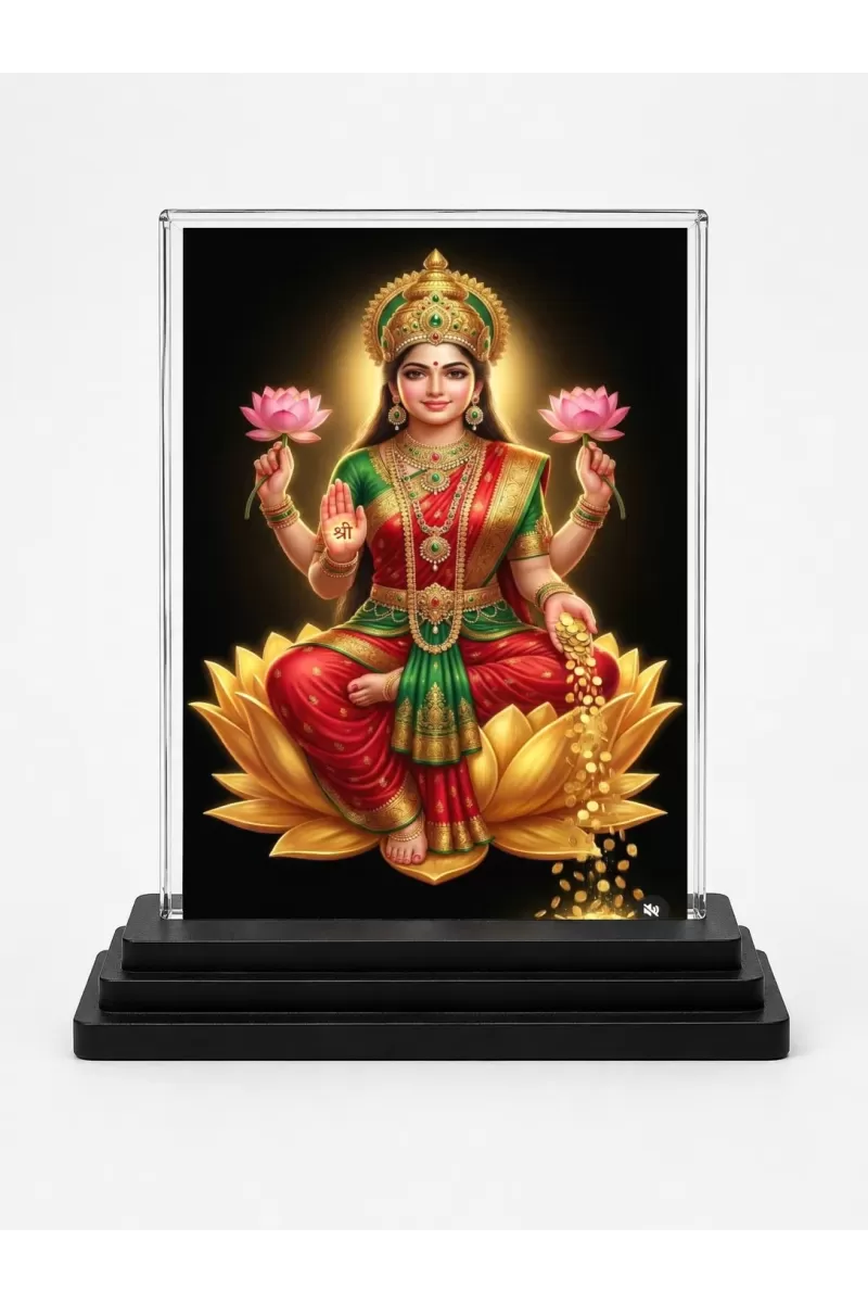Hindu Goddess Acrylic Car Dashboard Showpiece | Double-Sided Hindu Goddess Photo Stand | 3 X 4 Inch Photo | Transparent Acrylic Frame With Black Base | Car Dashboard, Office & Table Decor (F70617)