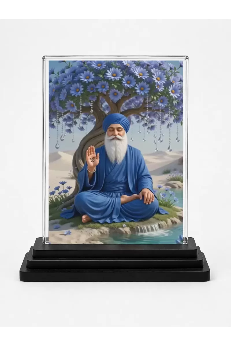 Guru Nanak Dev Ji Acrylic Car Dashboard Showpiece | Double-Sided Guru Nanak Dev Ji Photo Stand | 3 X 4 Inch Photo | Transparent Acrylic Frame With Black Base | Car Dashboard, Office & Table Decor (F70618)