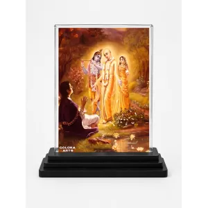 Chaitanya Mahaprabhu Acrylic Car Dashboard Showpiece | Double-Sided Chaitanya Mahaprabhu Photo Stand | 3 X 4 Inch Photo | Transparent Acrylic Frame With Black Base | Car Dashboard, Office & Table Decor (F70619)