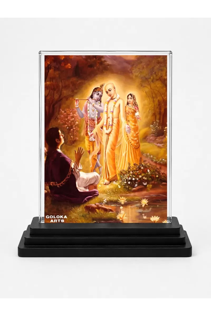 Chaitanya Mahaprabhu Acrylic Car Dashboard Showpiece | Double-Sided Chaitanya Mahaprabhu Photo Stand | 3 X 4 Inch Photo | Transparent Acrylic Frame With Black Base | Car Dashboard, Office & Table Decor (F70619)