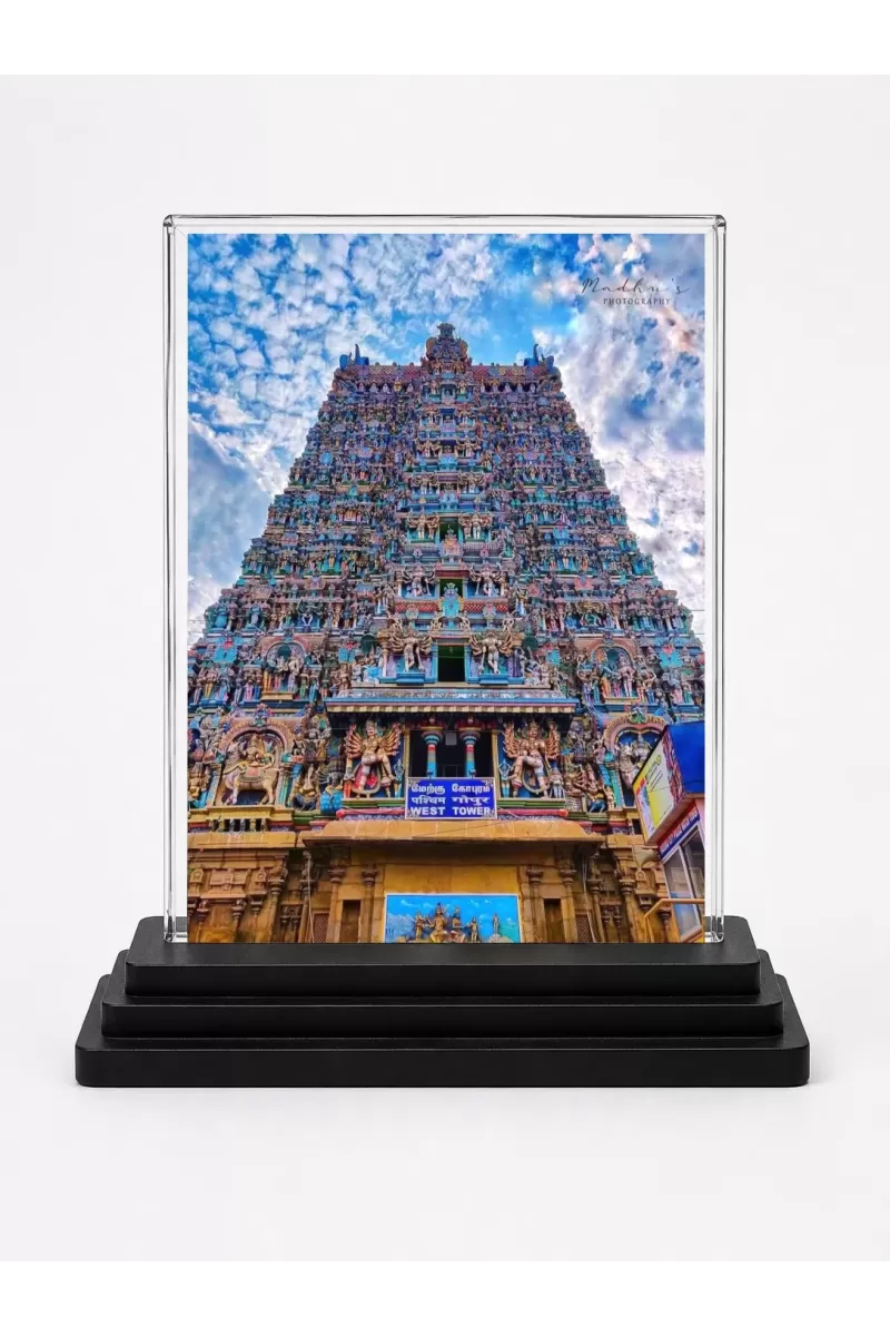 Meenakshi Temple Acrylic Car Dashboard Showpiece | Double-Sided Meenakshi Temple Photo Stand | 3 X 4 Inch Photo | Transparent Acrylic Frame With Black Base | Car Dashboard, Office & Table Decor (F70620)