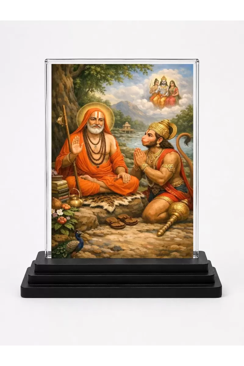 Railanga Swami Acrylic Car Dashboard Showpiece | Double-Sided Railanga Swami Photo Stand | 3 X 4 Inch Photo | Transparent Acrylic Frame With Black Base | Car Dashboard, Office & Table Decor (F70621)