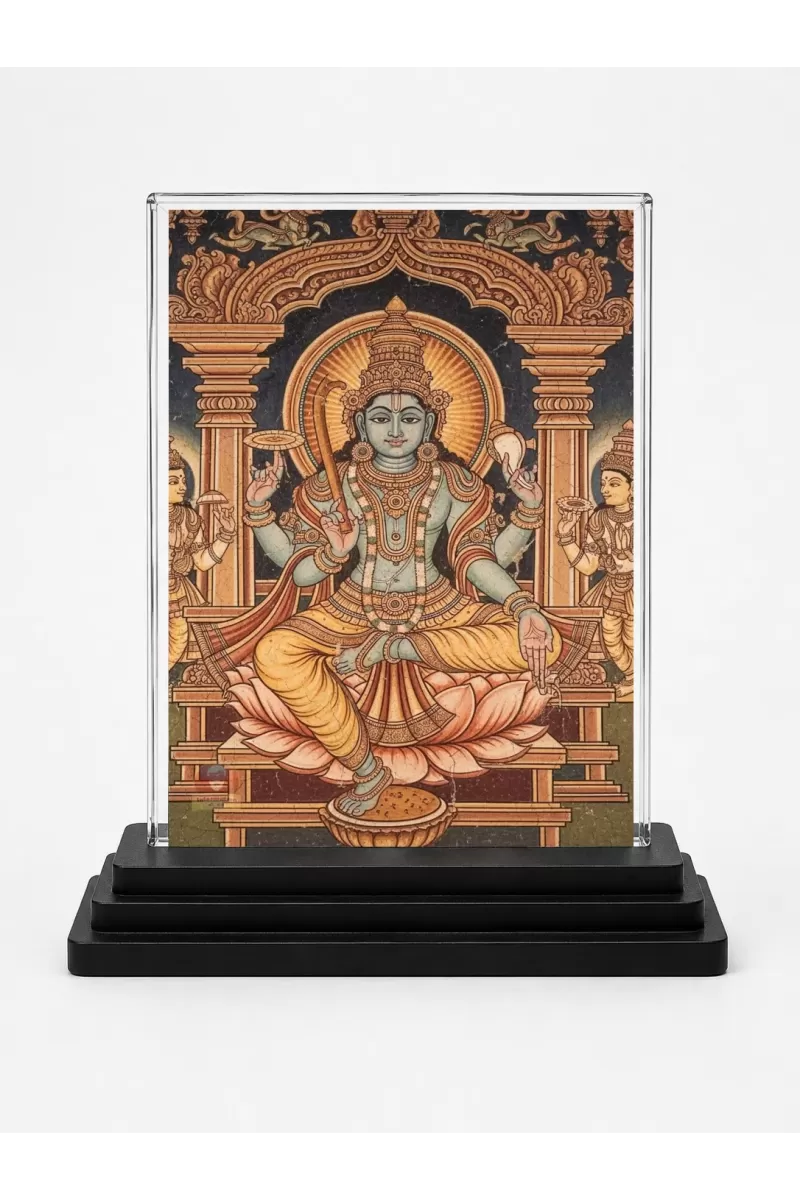 Lord Vishnu Acrylic Car Dashboard Showpiece | Double-Sided Lord Vishnu Photo Stand | 3 X 4 Inch Photo | Transparent Acrylic Frame With Black Base | Car Dashboard, Office & Table Decor (F70623)