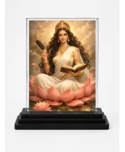 Lakshmi Acrylic Car Dashboard Showpiece | Double-Sided Lakshmi Photo Stand | 3 X 4 Inch Photo | Transparent Acrylic Frame With Black Base | Car Dashboard, Office & Table Decor (F70625)